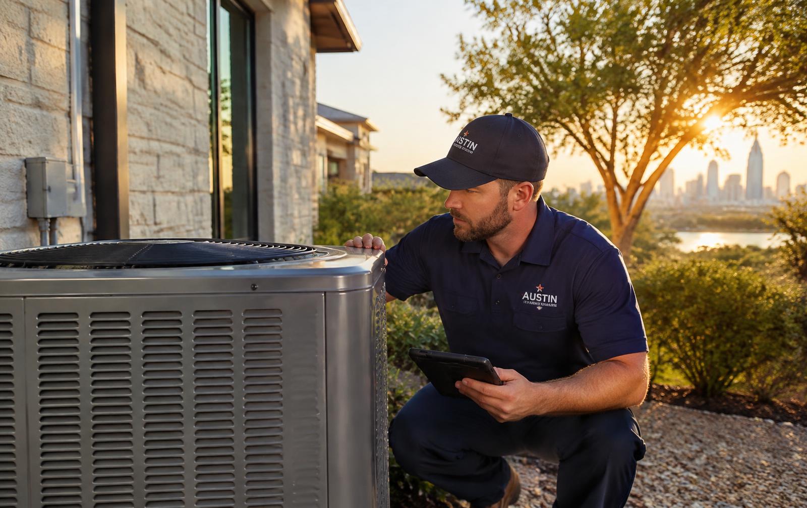 Allen's Precise Air technician inspecting an AC unit in Austin